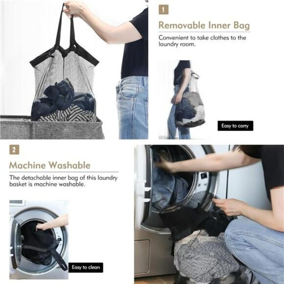 Large Double Laundry Hamper with Lid Removable Bags for Bedroom Bathroom - Picture 4 of 8